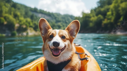Happy Corgi Kayaking Adventure on Clear River with Lush Forest Background