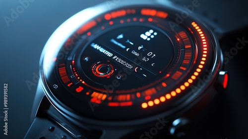 A close-up view of a modern smartwatch displaying fitness data and notifications against a dark, illuminated background