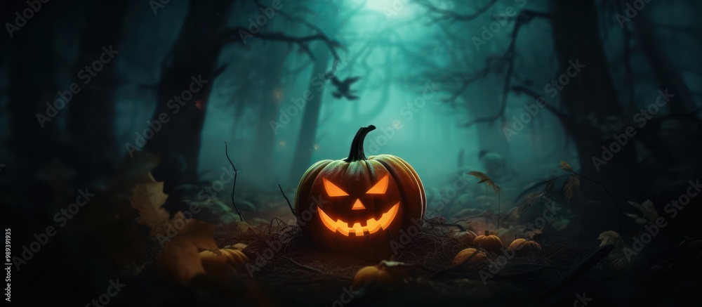 A Jack-o'-Lantern Glows in the Foggy Forest A Jack-o'-Lantern Glows in the Foggy Forest