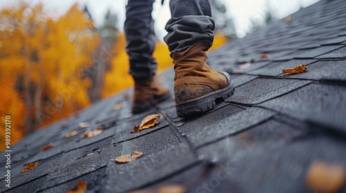 Roofer installing shingles on a fall day with vibrant leaves in the background