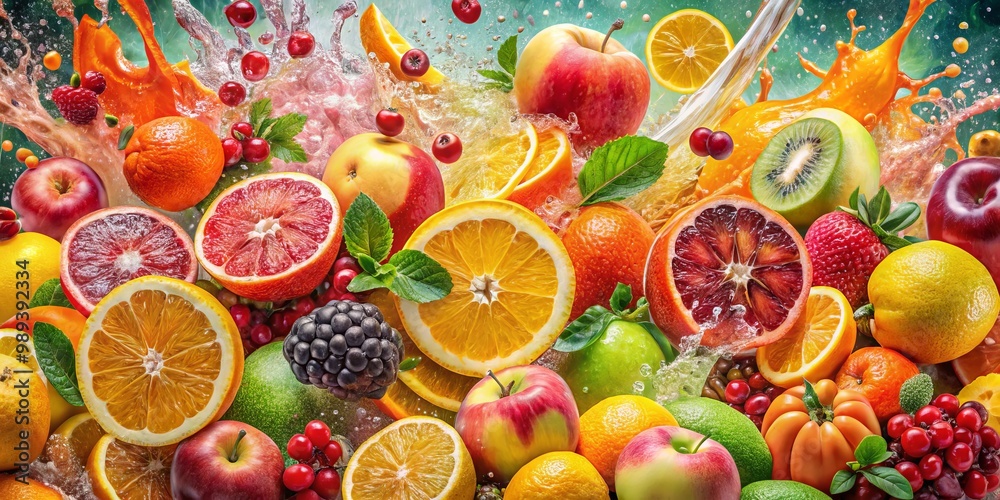 Fruit Splash Colorful Citrus and Apples in a Juicy Burst, fruit, splash, burst Fruit Splash Colorful Citrus and Apples in a Juicy Burst, fruit, splash, burst