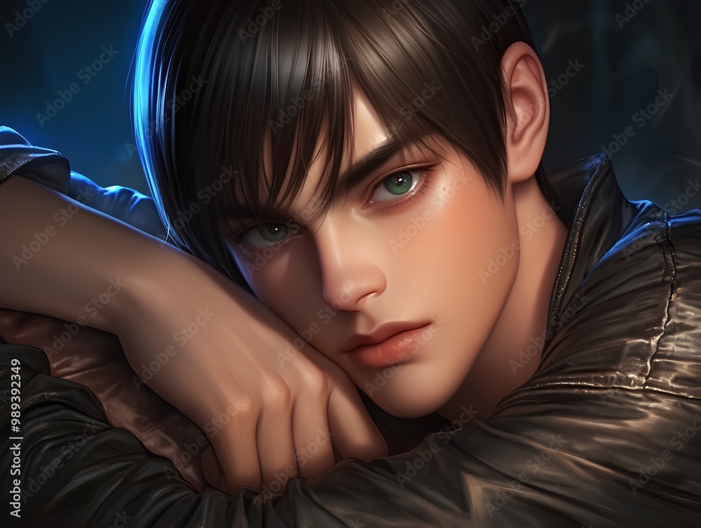Naklejka premium A close-up portrait of a person resting their chin on their arms, wearing a dark leather jacket, with soft blue lighting in the background.