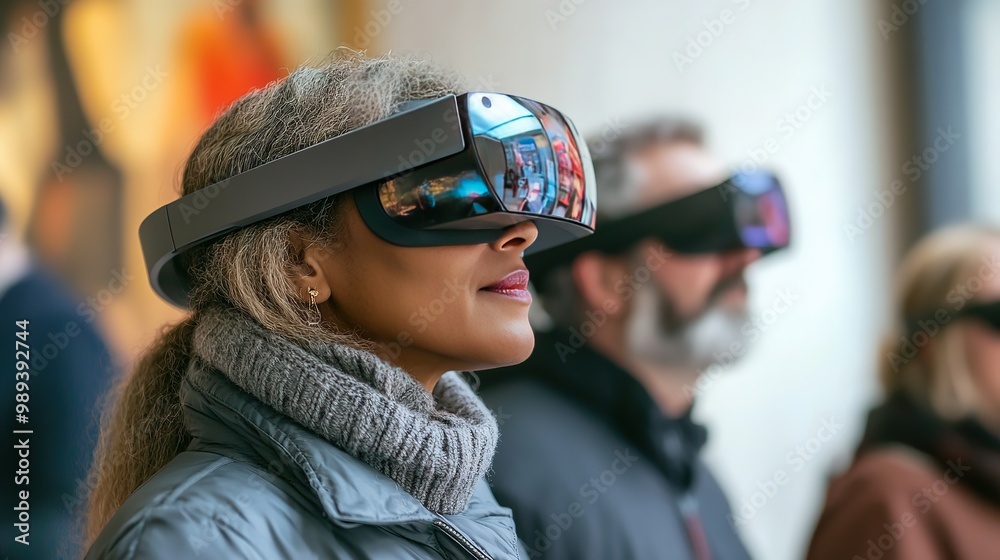 People engaged in immersive virtual reality experience at an art exhibition in a modern gallery during daytime People engaged in immersive virtual reality experience at an art exhibition in a modern gallery during daytime