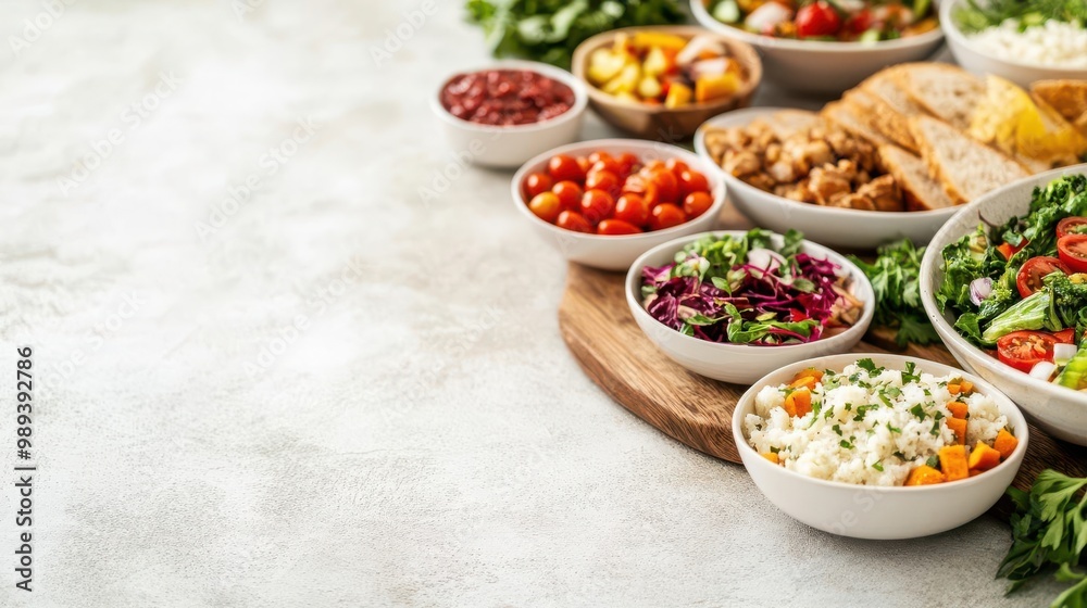 Variety of fresh salads and bread on a light background. Healthy eating concept with different colorful vegetables and greens. Variety of fresh salads and bread on a light background. Healthy eating concept with different colorful vegetables and greens.
