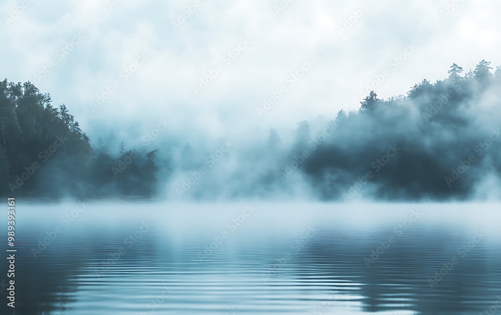 Serene Misty Morning by the Lake - Peaceful Nature Background with Fog Rolling Over Calm Waters Serene Misty Morning by the Lake - Peaceful Nature Background with Fog Rolling Over Calm Waters
