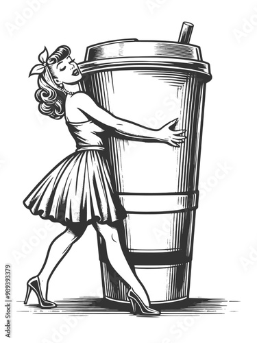 pin-up woman hugging coffee cup, coffee culture sketch engraving generative ai fictional character vector illustration. Scratch board imitation. Black and white image.