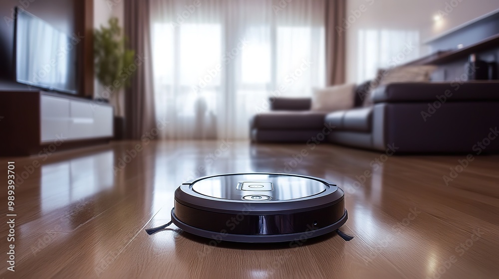 A modern robotic vacuum cleaner operates on polished wooden floors in a bright, spacious living room during the afternoon A modern robotic vacuum cleaner operates on polished wooden floors in a bright, spacious living room during the afternoon