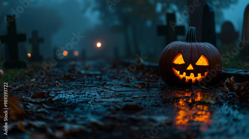 A glowing Halloween pumpkin sits on a wet path in a spooky graveyard during twilight. Jack-o'-lantern glowing at dusk in a misty graveyard with fallen leaves.