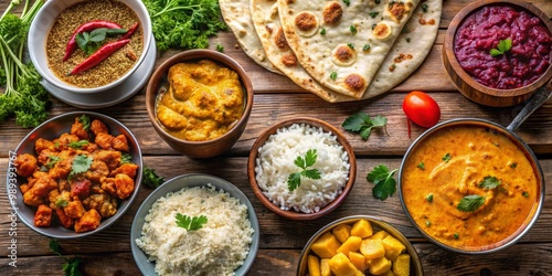 Indian Cuisine A Table Spread of Curries, Rice, and Naan, Food, Indian Food, Curry photo