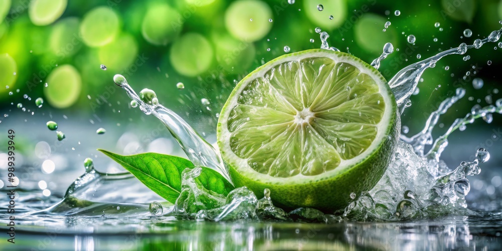 Lime Splashing in Water with Green Bokeh Background, water, splash Lime Splashing in Water with Green Bokeh Background, water, splash