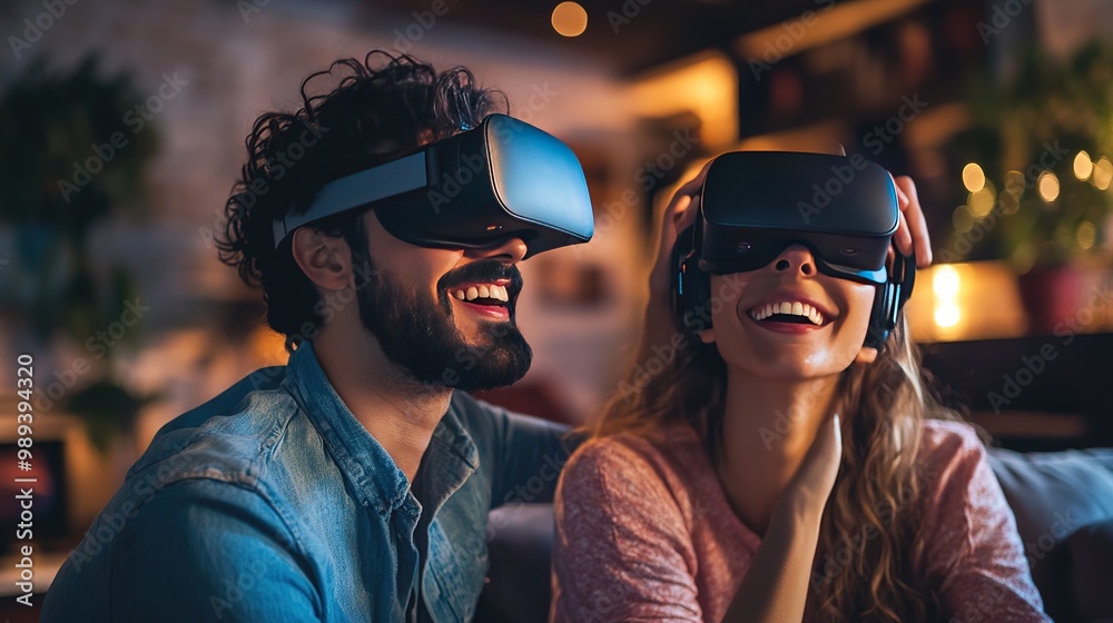 A couple wearing virtual reality headsets share an intimate moment against a vibrant sunset backdrop in a cozy urban setting A couple wearing virtual reality headsets share an intimate moment against a vibrant sunset backdrop in a cozy urban setting