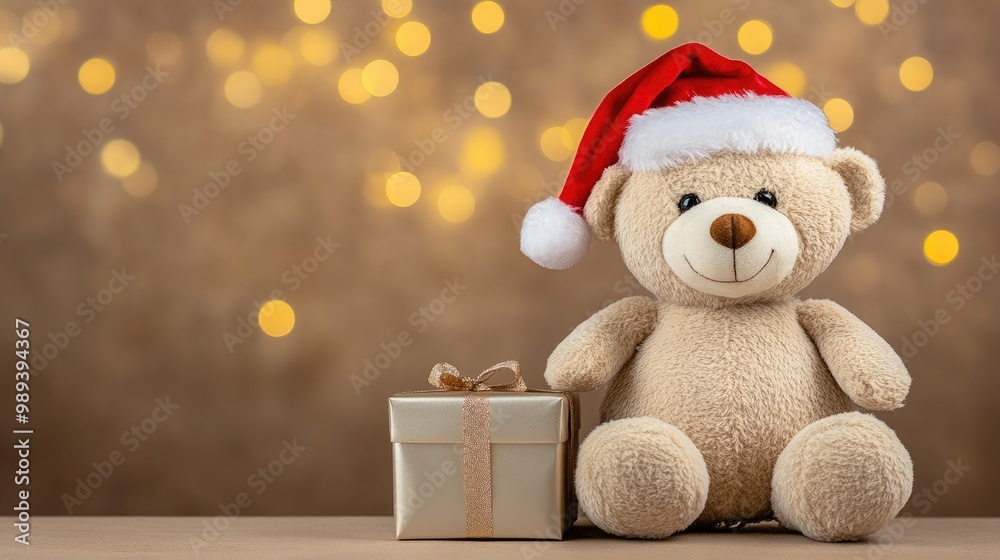 A cozy teddy bear in a Santa hat sits beside a festive gift box, illuminated by sparkling Christmas tree lights A cozy teddy bear in a Santa hat sits beside a festive gift box, illuminated by sparkling Christmas tree lights