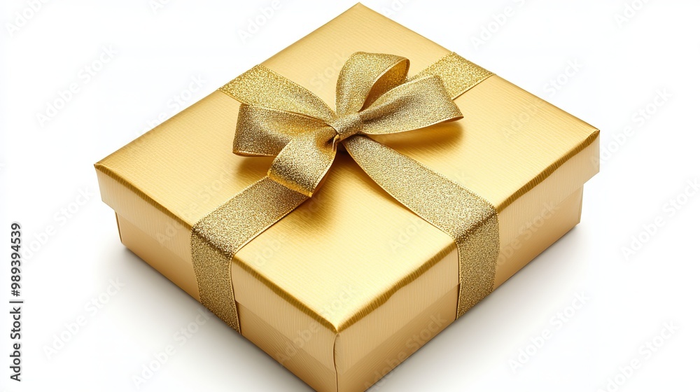 A beautiful golden gift box with a gold ribbon, isolated against a white background. The box is elegant and perfect for special occasions. A beautiful golden gift box with a gold ribbon, isolated against a white background. The box is elegant and perfect for special occasions.
