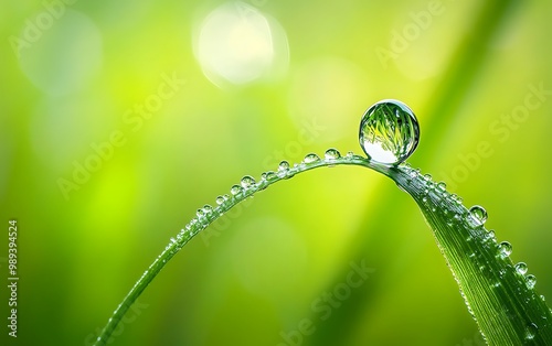 Captivating Symbolism of a Dewdrop Magnifying a Blade of Grass for Purity and Clarity photo