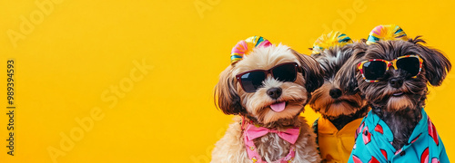 Creative animal concept. Havanese dog puppy in a group, vibrant bright fashionable outfits isolated on solid background advertisement, copy text space. birthday party invite invitation banner
