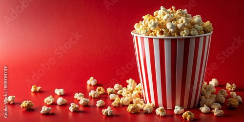 Popcorn in Red Striped Bucket with Scattered Kernels, Movie Snack, Red Background, popcorn, movie night