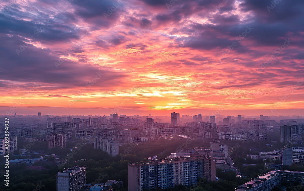 Obraz premium Tranquil City Awakening: Vibrant Monday Sunrise in High-Resolution Soft Morning Light