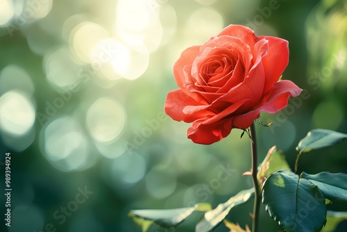 A solitary bright red rose, positioned on a blurred green backdrop, with soft morning sunlight streaming through its petals,generative ai