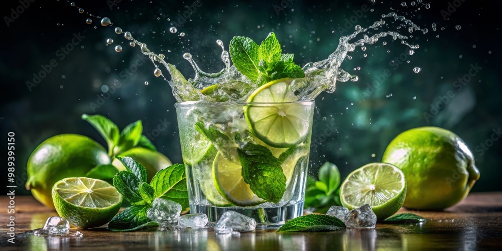 Refreshing Lime and Mint Cocktail with Splashing Water, drink, cocktail Refreshing Lime and Mint Cocktail with Splashing Water, drink, cocktail