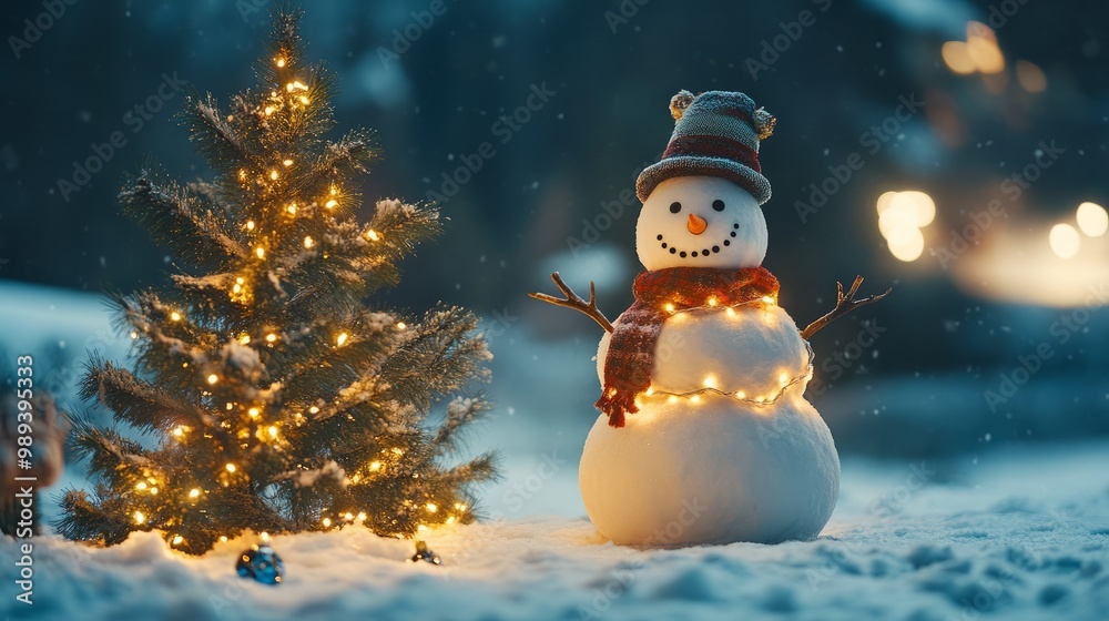 Obraz premium Snowman wrapped in twinkling lights beside a decorated Christmas tree in a snowy outdoor setting