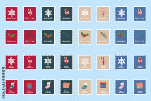 Festive collection of Christmas and New Year postage stamps for envelopes with snowflakes, candy canes, holly and gifts for holiday greetings