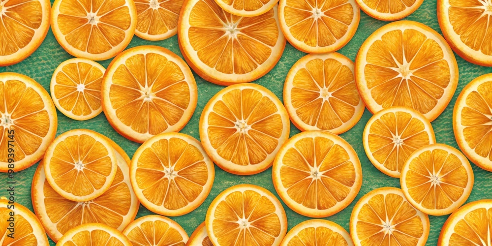 Vibrant Orange Slices Pattern on Green Background, citrus, fruit