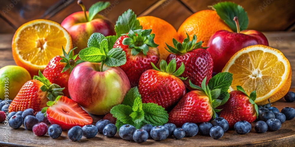 Vibrant Summer Fruit Still Life Apples, Oranges, Strawberries, and Blueberries on Rustic Wooden Table, fruit , still life