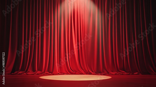 A deep red curtain hangs closed on a stage, a single spotlight shining brightly. It's the setting for an upcoming art performance.