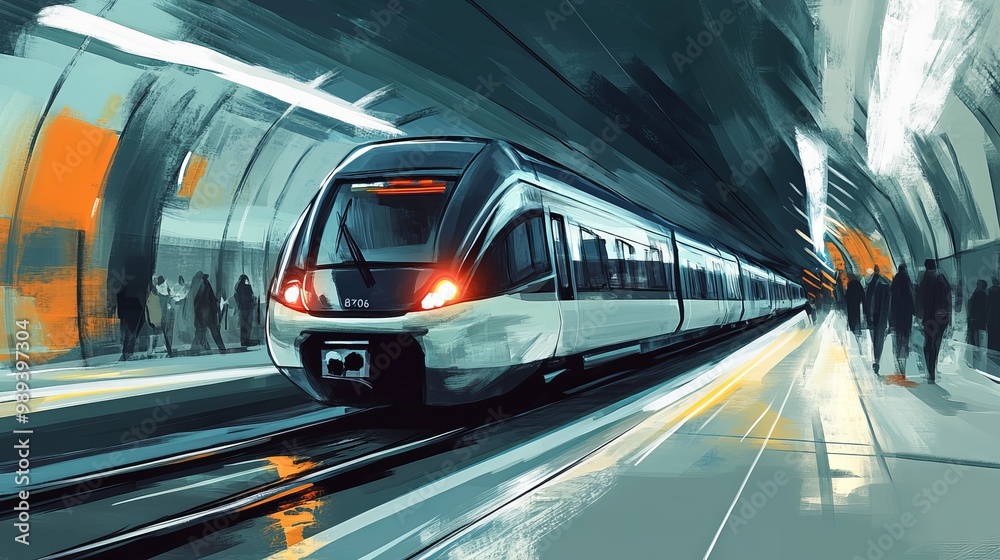 Fototapeta premium A drawing of a sleek, modern metro train speeding through a busy train station.
