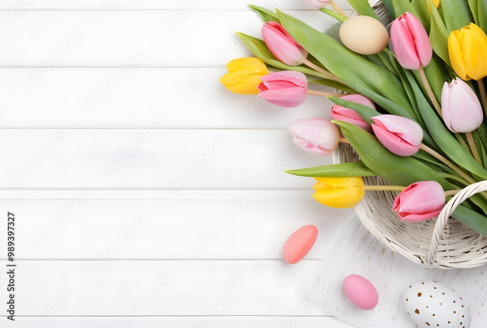 Easter Basket with Tulips and Eggs on White Wooden Background Easter Basket with Tulips and Eggs on White Wooden Background