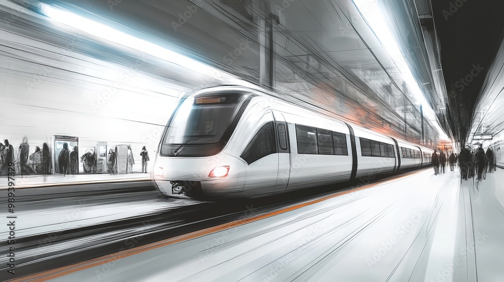 Fototapeta premium A drawing of a sleek, modern metro train speeding through a busy train station.