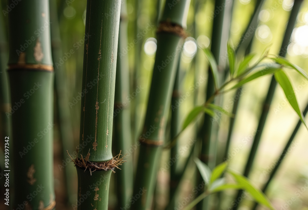 Obraz premium 背景をぼかした写真の緑の竹の茎のクローズ アップ