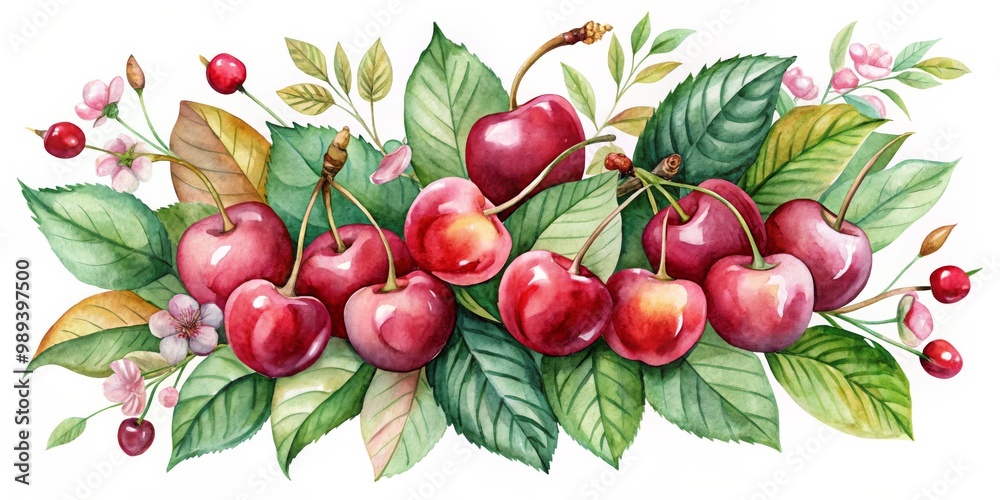 Watercolor Cherry Bouquet with Leaves and Flowers, botanical, illustration, cherry, fruit