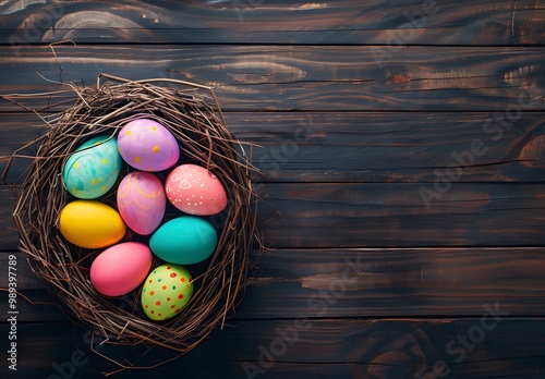 Colorful Easter Eggs Nest on Wooden Table