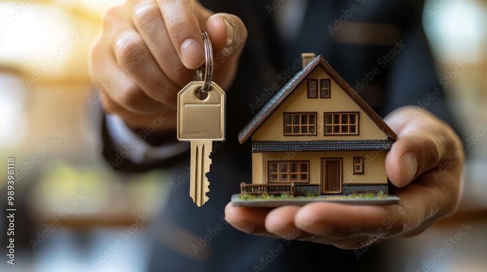 Real estate agent holding a key and a miniature house model in hand Real estate agent holding a key and a miniature house model in hand