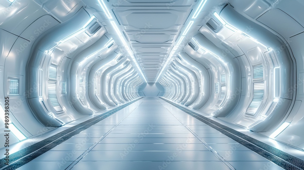 Obraz premium Futuristic space station interior with glowing lights and sleek, modern design featuring curved walls and a long corridor