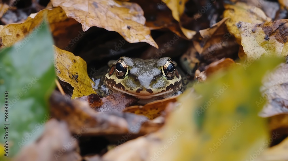 Frog Camouflaged in Autumn Leaves Frog Camouflaged in Autumn Leaves