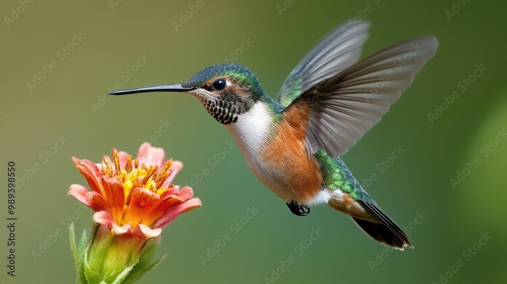 Fototapeta premium Hummingbird in Flight, Hovering Near a Flower