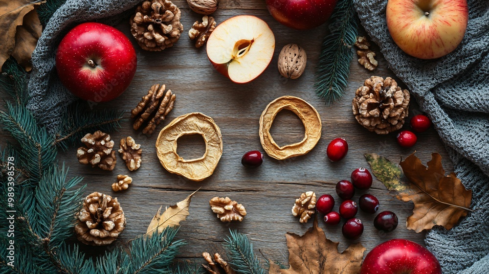 A flat lay of dried apple rings, cranberries, and walnuts, set against a rustic wood background for a cozy autumn feel A flat lay of dried apple rings, cranberries, and walnuts, set against a rustic wood background for a cozy autumn feel