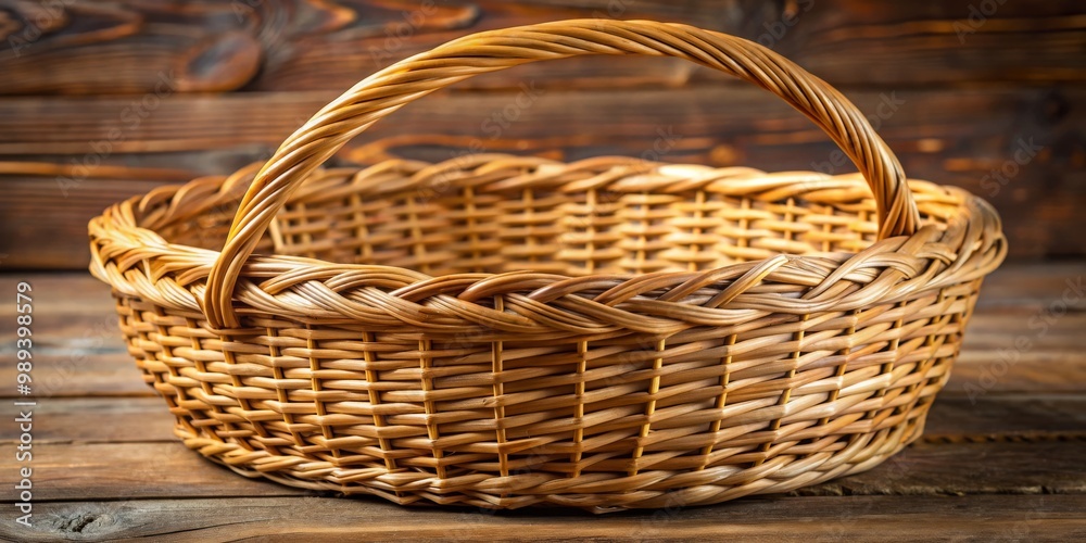 Obraz premium Wicker Basket on Rustic Wood Background, Basketry, Handmade, Wicker basket on wood surface, Basketry, Handmade