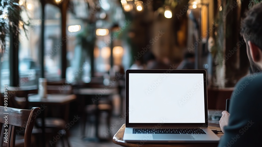 A man sits in a cafe, working on his laptop. The laptop screen is blank, ready for you to add your own design.