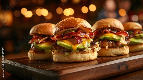 Close-up of three gourmet sliders with melted cheese, avocado, and crispy bacon on a wooden board.