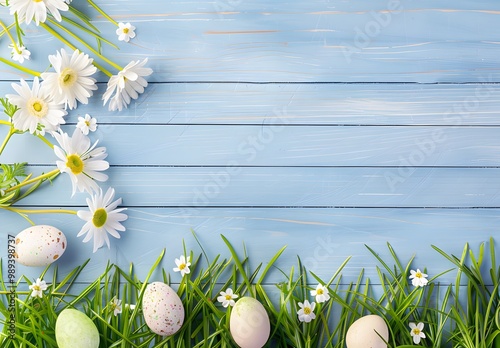 Easter Eggs and Flowers on Blue Wooden Background