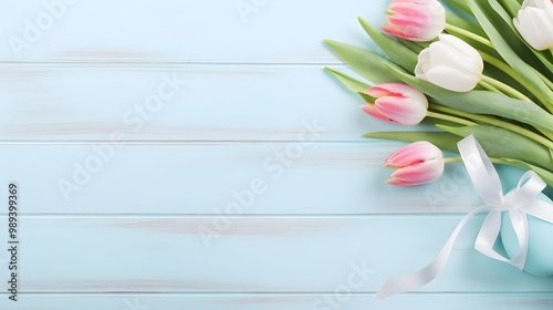 Pastel Easter Eggs Tulips Blue Wooden Background