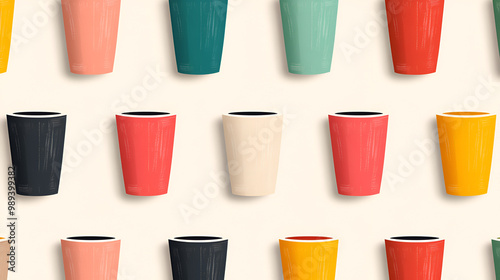 Colorful illustrated cups arranged in a seamless pattern, perfect for backgrounds, textiles, and kitchenware designs.