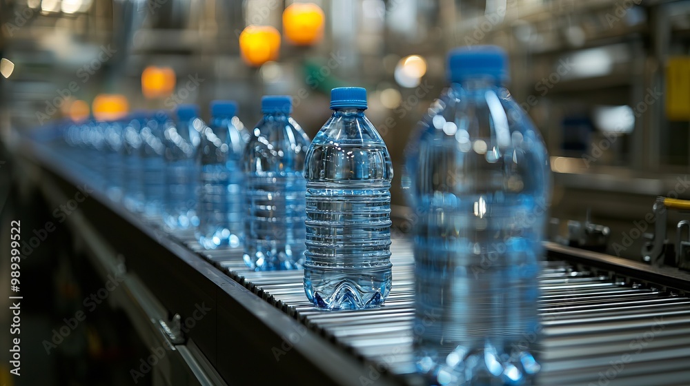 Bottled water moving along a conveyor belt in a modern bottling facility Bottled water moving along a conveyor belt in a modern bottling facility