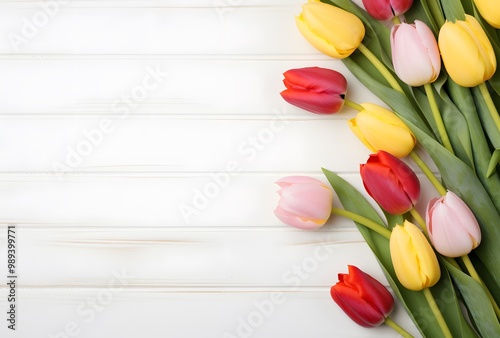 Easter Background with Colorful Tulips on White Wood