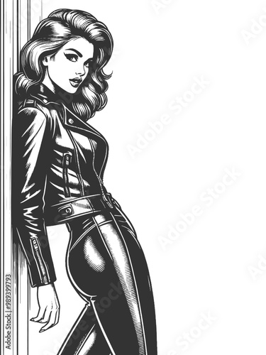 woman in a leather jacket and tight leather pants, leaning against a wall, sketch engraving generative ai fictional character vector illustration. Scratch board imitation. Black and white image.