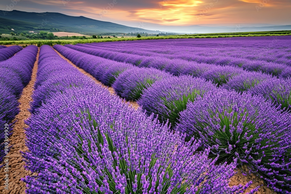 Obraz premium A lavender field in full bloom, stretching toward the horizon with purple flowers glowing in the soft evening light