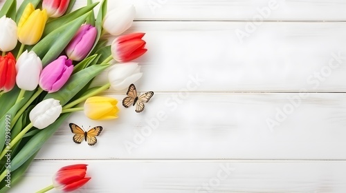 Spring Easter Tulips Butterfly White Wooden Background